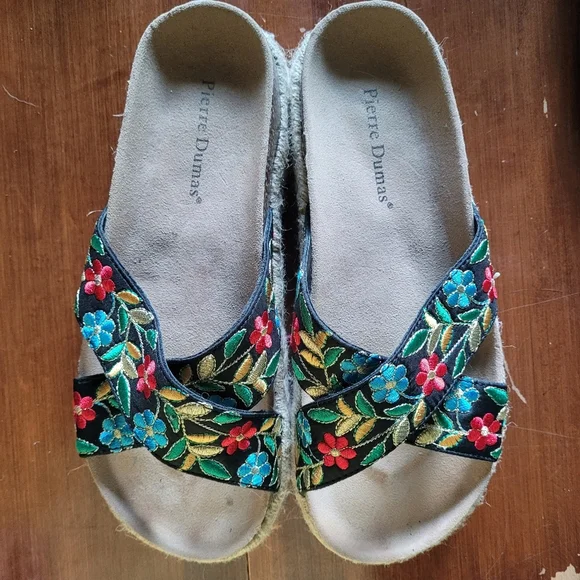 Pierre Dumas embroidered flowers platform black espadrille sandals vacation 10 - Picture 12 of 14